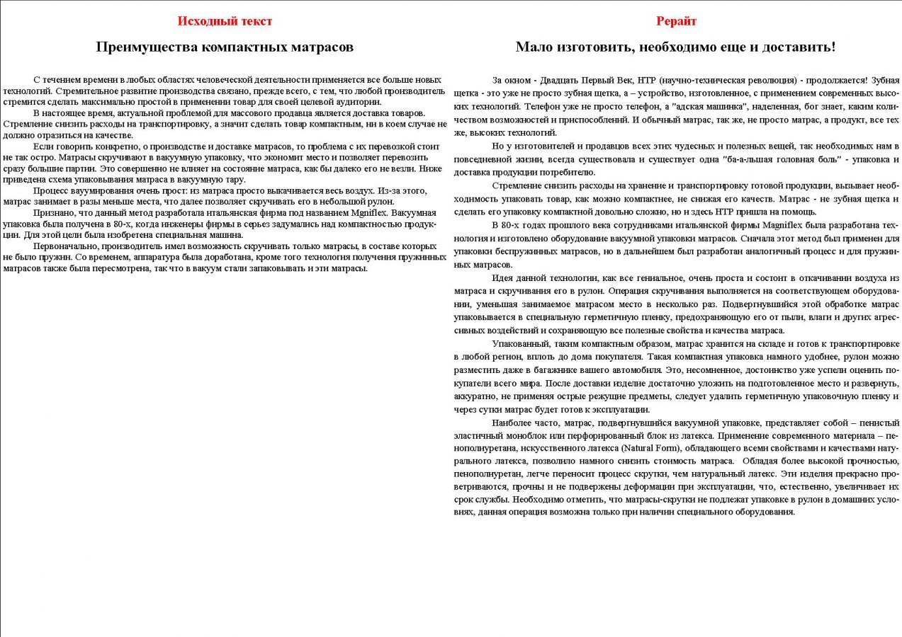 Серия рерайт статей о матрасах: Мало изготовить, необходимо еще и доставить
