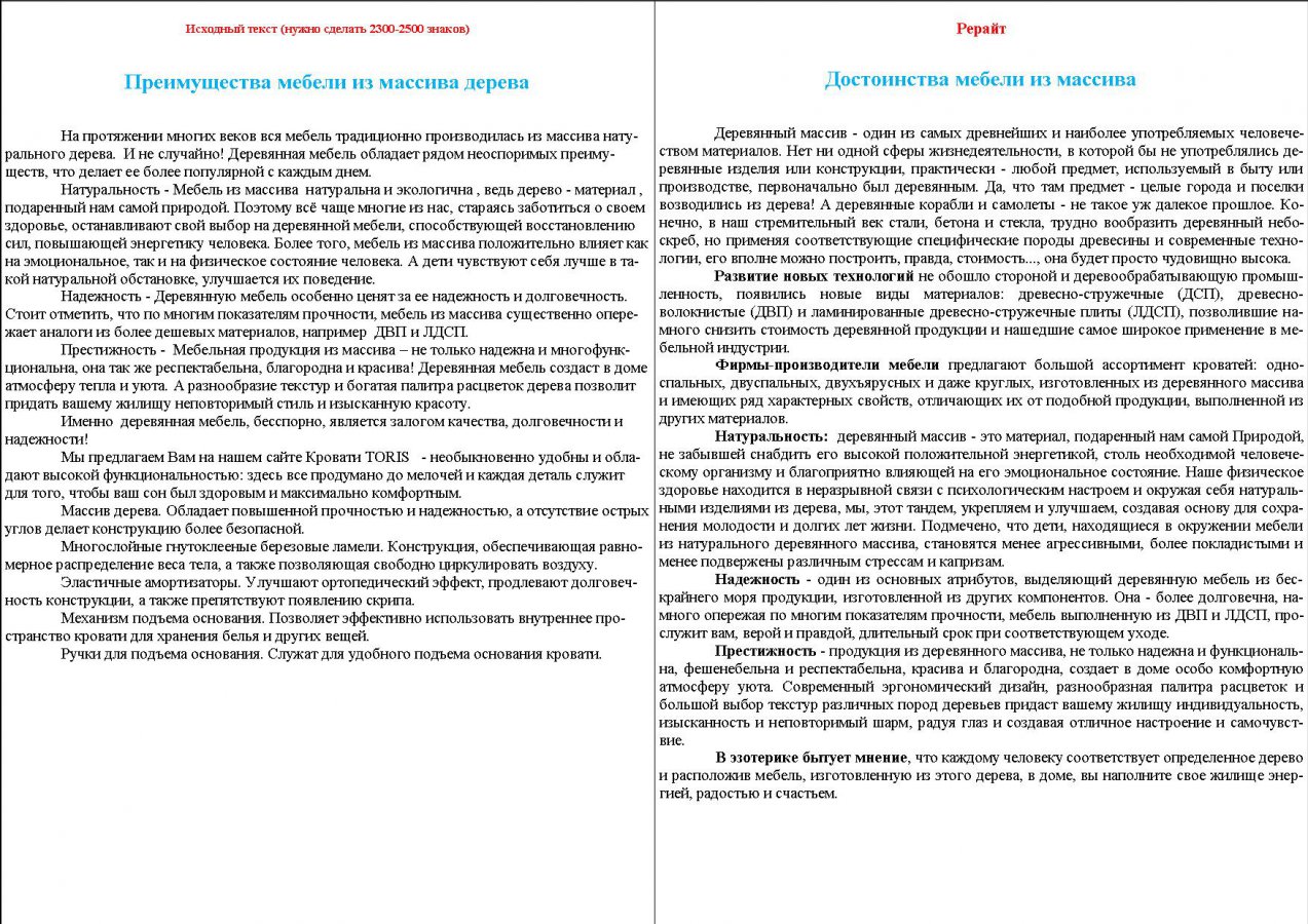 Серия рерайта статей о мебели из массива