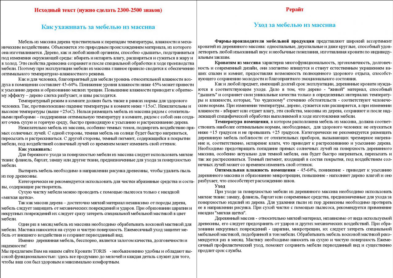 Серия рерайта статей о мебели из массива